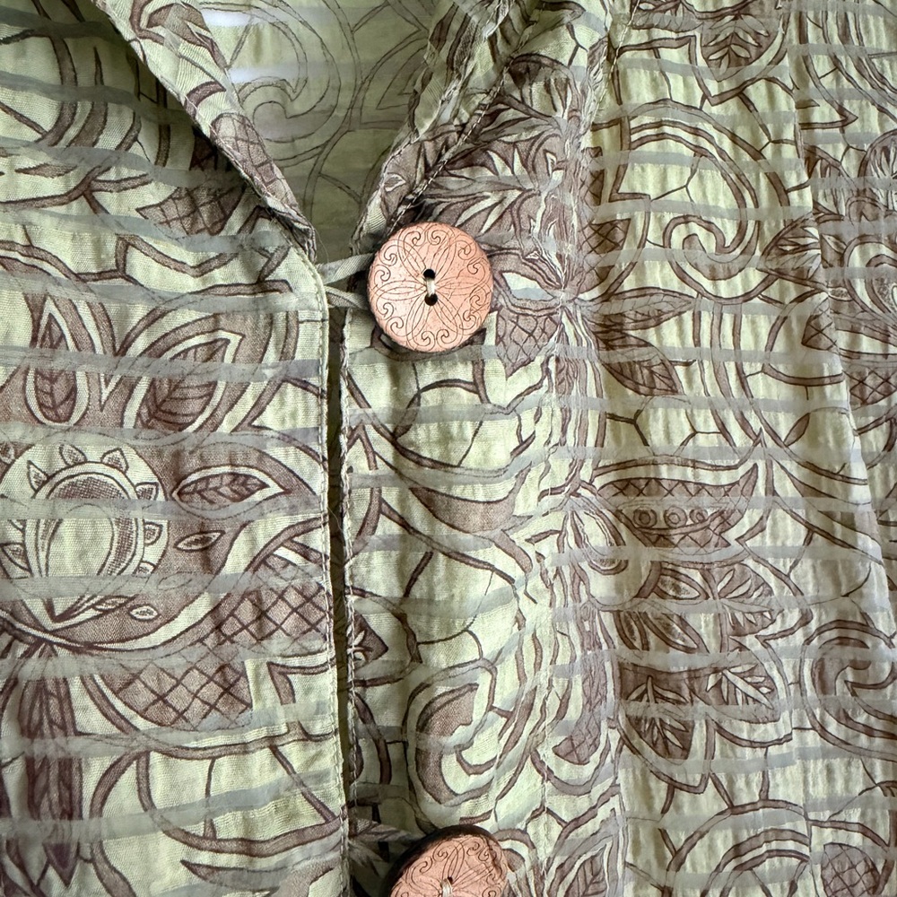 FOCUS Sheer Crinkle Long-Sleeve Sage Green Print Button Overblouse Jacket Sz XL - Picture 4 of 6